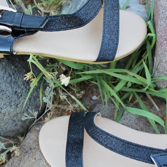 Black Glitter Sandals Shoes Strappy Gold Buckle 5 - Picture 3 of 4